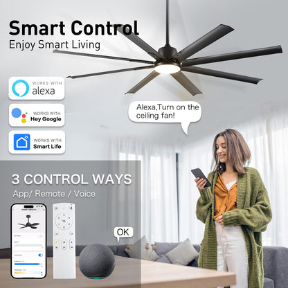 72 lnch lndustrial Smart Celing Fan with Light and Remote Control via WIFI Alexa,Large Celing Fan with 8 Black Aluminum Blades,6 Speed Noiseless DC Motor,Indoor Outdoor Ceiling Fans for Patio Garage