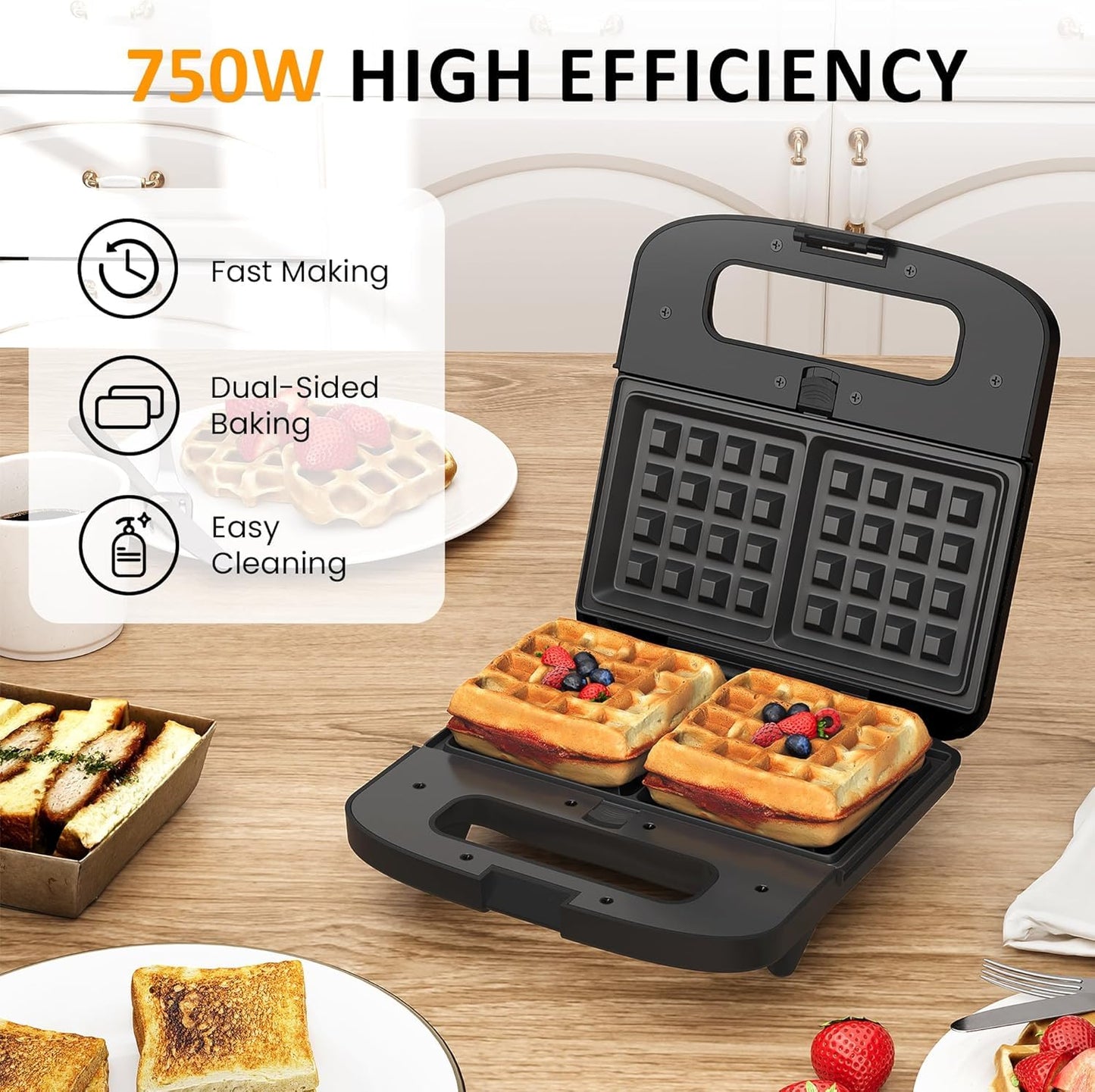 Sunvivi Waffle Iron, Panini Press Grill and Sandwich Maker Set, 3 in 1 Electric Sandwich Press with Removable Non-Stick Plates, Indicator Lights & Cool Touch Handle 750W