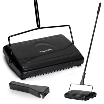 Alpine Manual Carpet Sweeper Triple Brush – Cordless Non Electric Multi-Surface Floor Brush Hardwood Floor Cleaner Easy Sweeping for Carpeted Floors (Improved Black)
