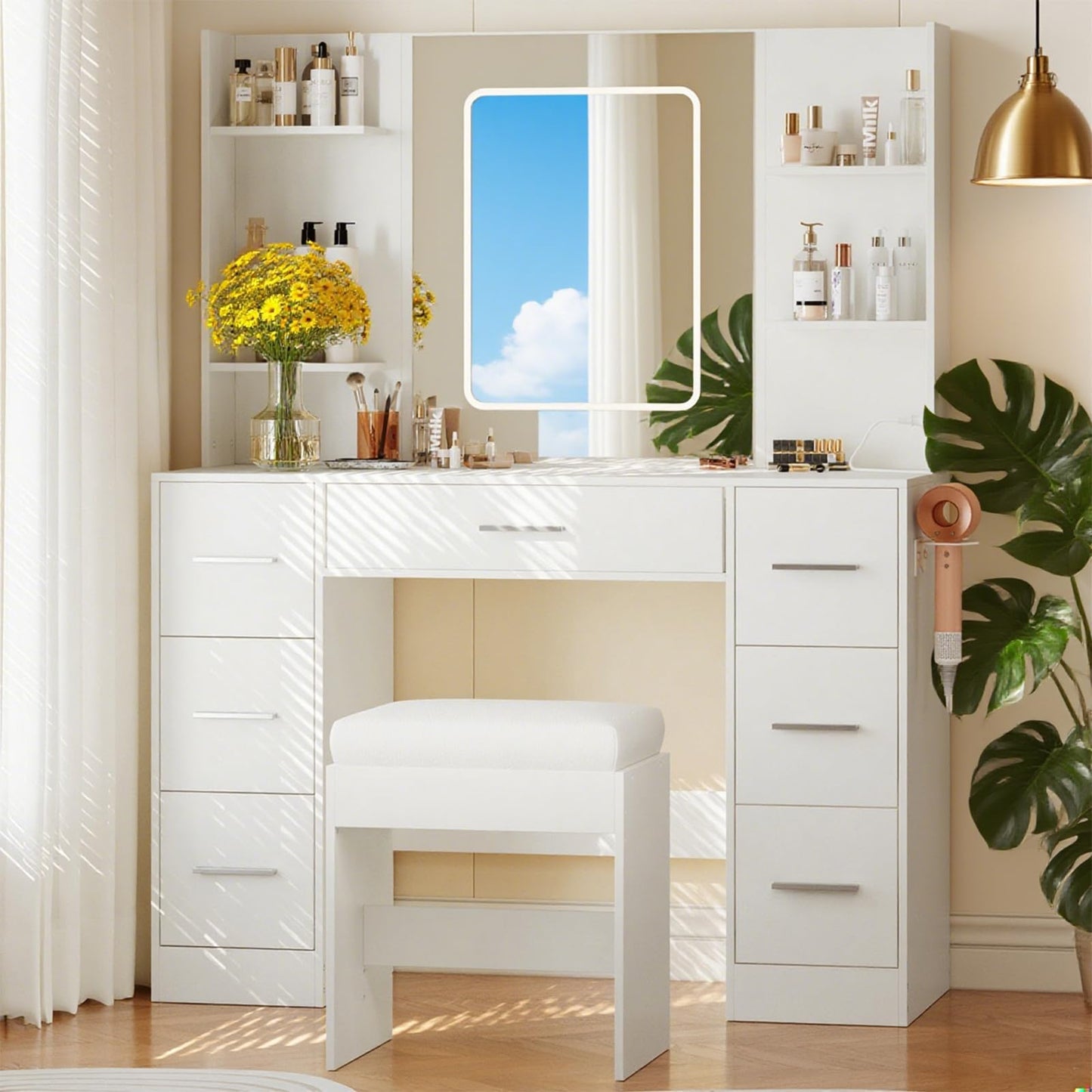GarveeLife 7-Drawer Vanity Desk with Lights and Mirror – White Makeup Vanity Set with Power Outlets & USB, 3 Color LED Modes & Dimmable, Includes Hair Dryer Holder & Cushioned Stool for Bedroom, White