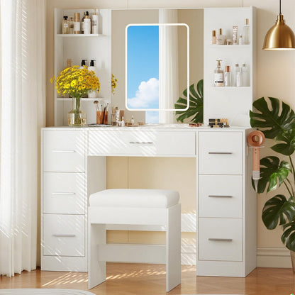 GarveeLife 7-Drawer Vanity Desk with Lights and Mirror – White Makeup Vanity Set with Power Outlets & USB, 3 Color LED Modes & Dimmable, Includes Hair Dryer Holder & Cushioned Stool for Bedroom, White