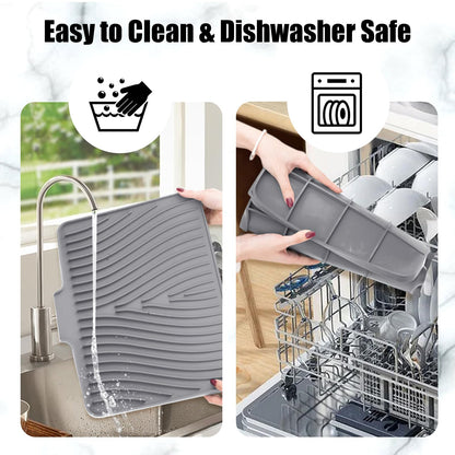 TIKNIK Silicone Dish Drying Mat, Stone Drying Mat for Kitchen Counter with Built-In Drain, Non-Slip Drain Pad with Built-in Drain, Heat Resistant Stone Drying Mat, Hangable, Grey-1pcs, 16" x 12"