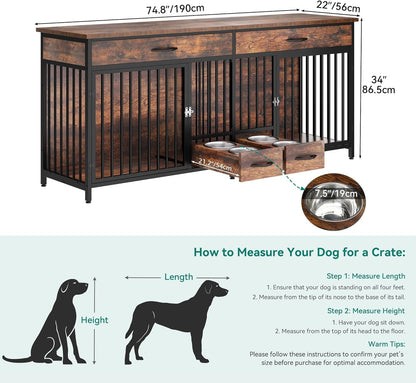 DWVO Double Dog Crate TV Stand with Dog Feeder, 74.8" Wooden Large Dog Kennel with Storage, Double Dog Crate Furniture for 2 Small Medium Dogs, Brown