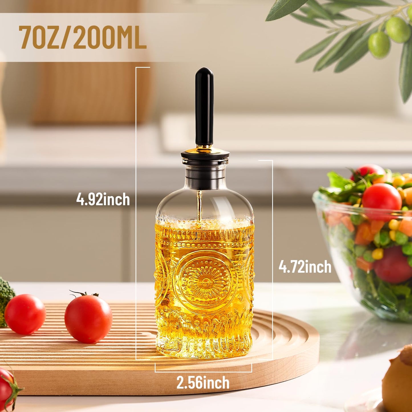 Baalaka Glass Oil Bottles 7OZ, Olive Oil Dispenser Bottle for Kitchen with Metal Spout, Elegant Glass Cooking Dispenser for Kitchen