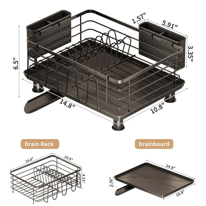 PureBox Dish Drying Rack with 2 Utensil Holders, Rustproof Metal Kitchen Counter Organizer with Cup Holder & Drain Board, Large Capacity Dish Rack for Sink, Black