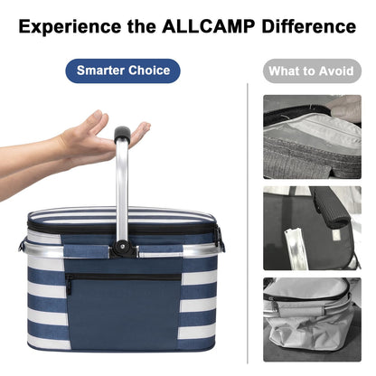ALLCAMP Picnic Basket - Insulated Cooler, Thickening Foldable Picnic Basket with Removable Baskets & Sewn-in Frame, Basket for House Warming Gifts New Home(Blue White)