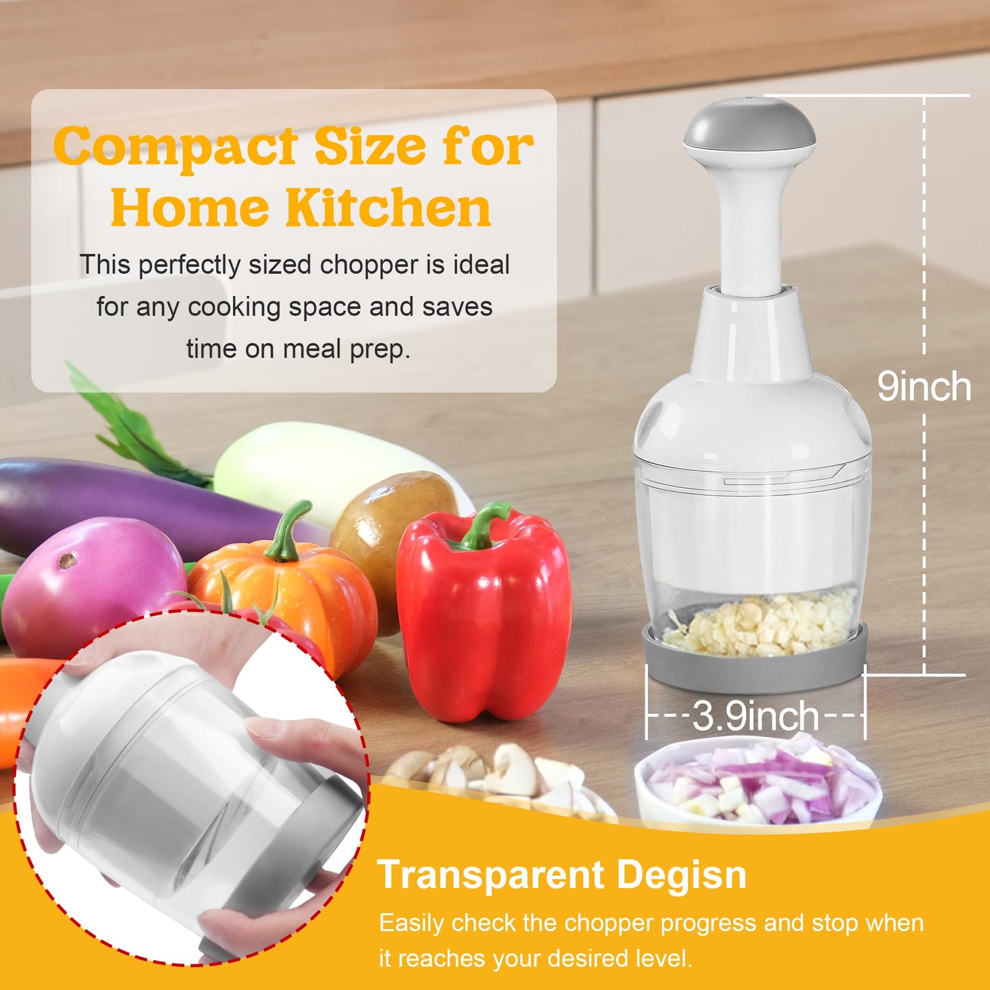 Food Chopper, Vegetable Chopper with Container, Onion Chopper Vegetable Cutter, Manual Veggie Chop Handheld Food Chopper for Garlic, Nut, Stainless Steel Blades, Dishwasher Safe, Easy to Clean, White