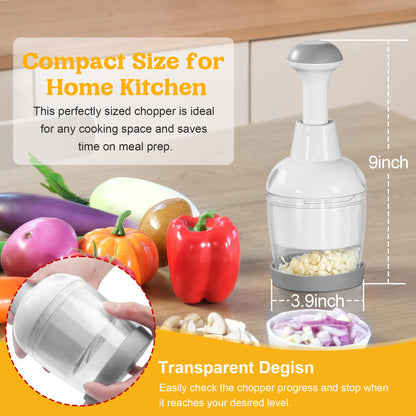Food Chopper, Vegetable Chopper with Container, Onion Chopper Vegetable Cutter, Manual Veggie Chop Handheld Food Chopper for Garlic, Nut, Stainless Steel Blades, Dishwasher Safe, Easy to Clean, White