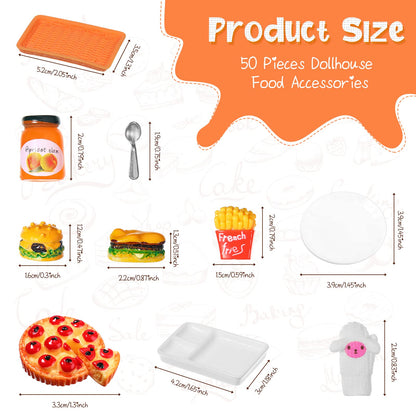 Civaner 50 Pieces Dollhouse Miniature Fast Food Accessories Set Christmas Mini Food Mixed Resin Drink Mini Hamburger Fries Juice Milk Bread Jam Cup Doll Kitchen Pretend for 1:12 Dollhouse