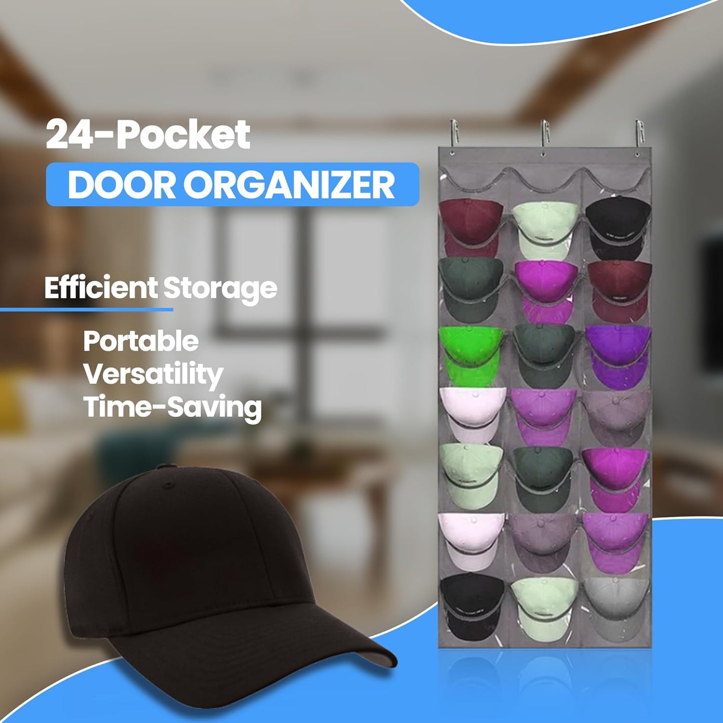 Premium Hat Rack Organizer for Wall or Door, 24 Clear Deep Pockets for Caps, Hooks Included