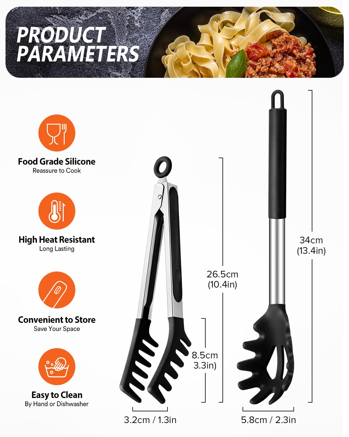 Silicone Spaghetti Spoon & Pasta Tong, Non-Stick Stainless Steel Handle Pasta Fork Set with Teeth, Food Clip for Easy Serving of Noodles (Black)