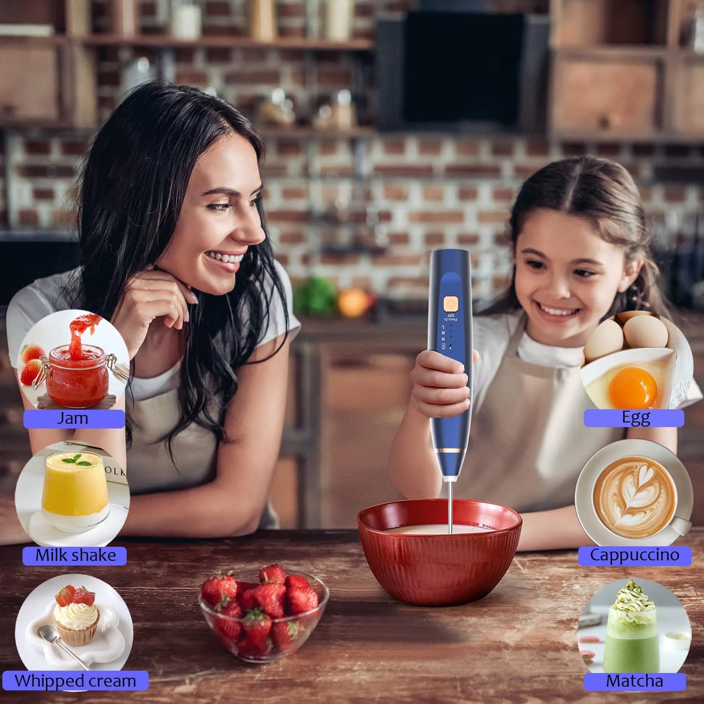 Milk Frother Handheld Foam Maker, 3 Speed Rechargeable Electric Blender with 2 Stainless Stirring Heads for Lattes