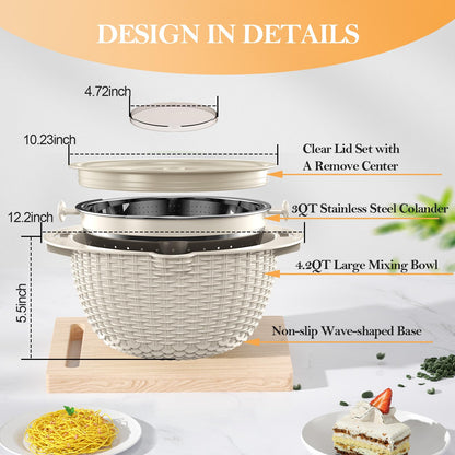 4-1 Colander with Bowl Set, Food Strainers and Colanders, Fruit Washing Bowl with Strainer, Rotatable Colander for Kitchen, Aesthetic Kitchen Gadget, Christmas & New Year Gifts - Beige