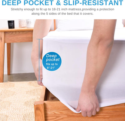 Twin Size Waterproof Cooling Mattress Protector Pad, Soft Noiseless Fitted Sheet Style for Kids Adults, White