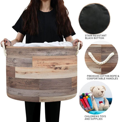 SDMKA Wood Floor Texture Laundry Hamper - Extra Large Storage Basket, 20" x 14", Blanket & Toy Basket, Decorative Cotton Rope Handle