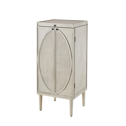 Deco 79 Wooden Geometric Washed Oval Rattan Front Armoire Jewelry 2 Door, 6 Drawer, and 32 Hook Cabinet with Mirrored Lift Top and Organizer Shelf, 20" x 18" x 47", Light Gray