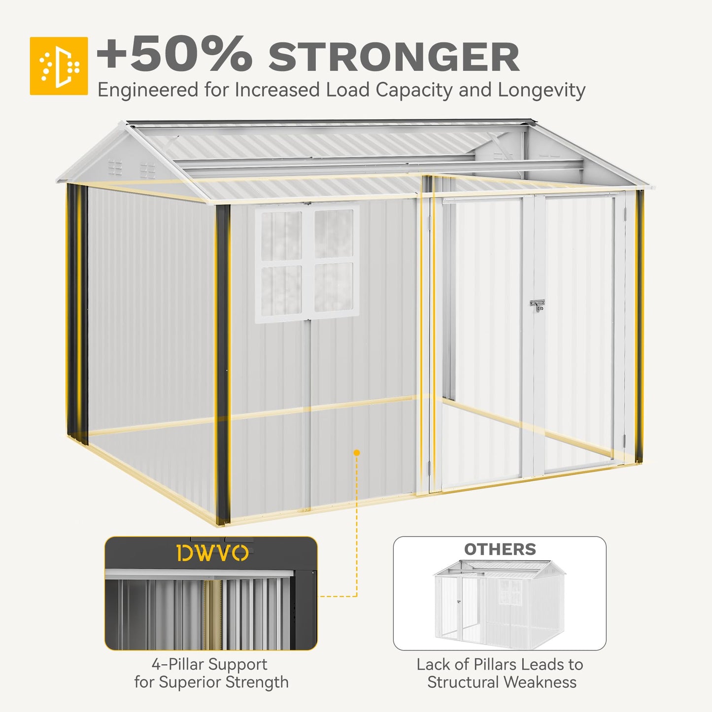 DWVO 10x8ft Large Tool Storage Shed with Window, Lockable Doors, and Sloped Roof, Oversized Steel Outdoor Storage Shed for Garden, Patio, Garage, Backyard, Lawn - Gray & White