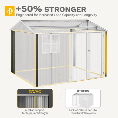 DWVO 10x8ft Large Tool Storage Shed with Window, Lockable Doors, and Sloped Roof, Oversized Steel Outdoor Storage Shed for Garden, Patio, Garage, Backyard, Lawn - Gray & White