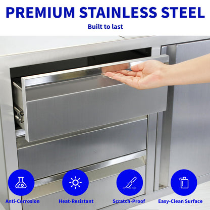 Outdoor Kitchen Door Drawer Combo Cabinet, Triple Drawers & BBQ Access Combo, Stainless Steel with Handles Cabinet for Outdoor Kitchen Island 38.1W x 22.6H x 20.8D (Right Door and Drawer Combo)