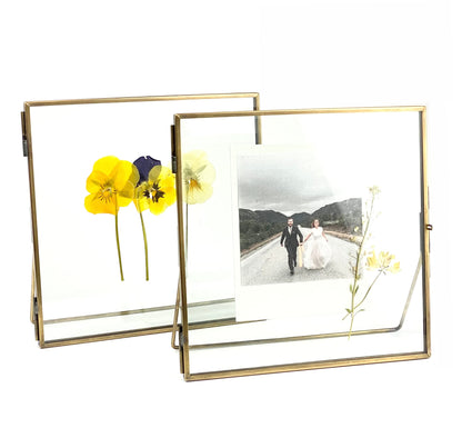 Beedecor Double Glass Frame for Pressed Flowers, Leaf and Artwork,Bronze 6x6 Standing Square Metal Picture Frames, Set of 2 Pressed Flower Frames with Stand (Antique bronze, 6x6)