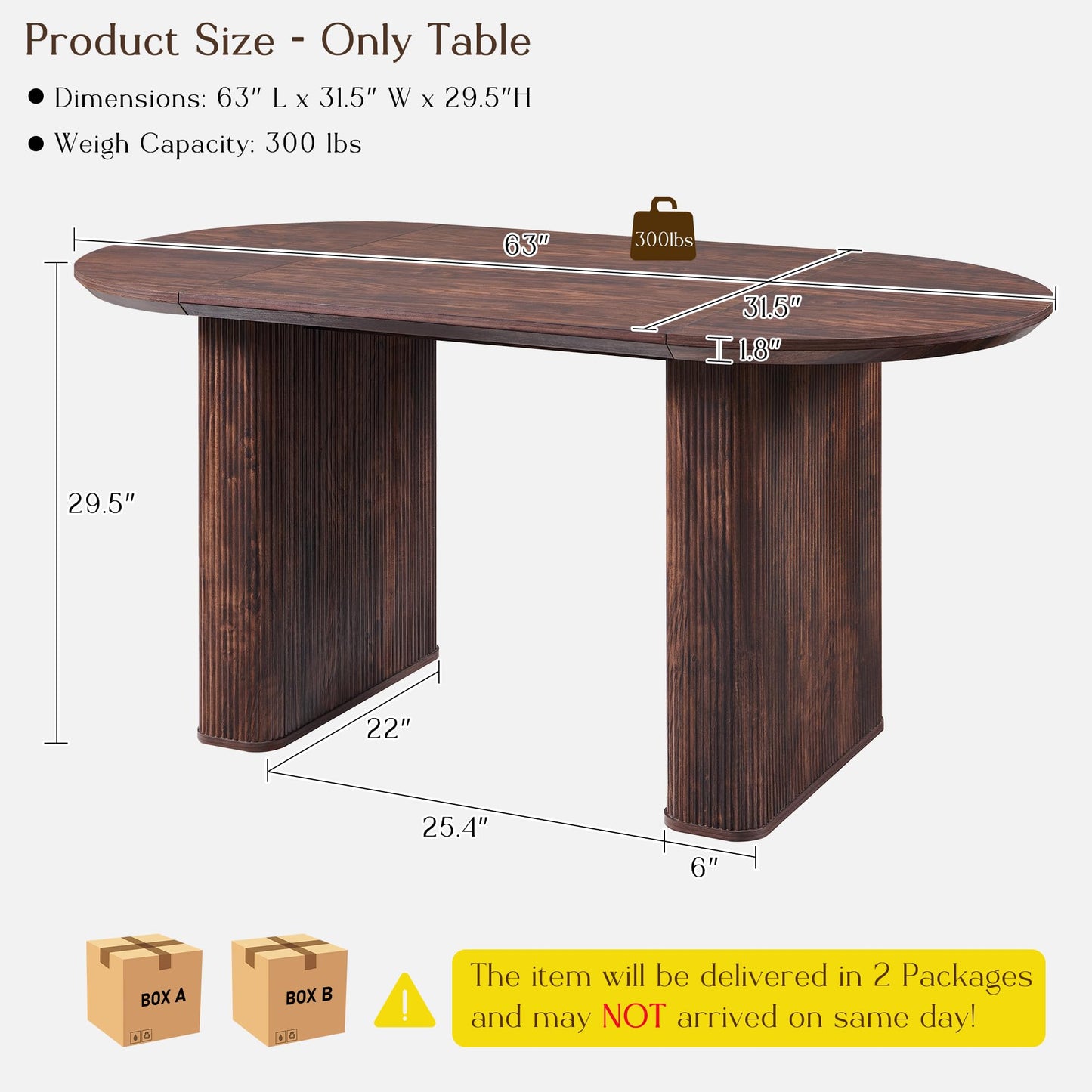 T4TREAM 63" Fluted Oval Dining Table for 4-6, Mid-Century Modern Kitchen Table with Thickened Edge & Strip Pedestal Base, Wood Luxury Table for Dining Room/Kitchen/Home Office, Walnut (Table Only)