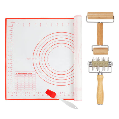 4Pcs Pizza Baking Tool Kit with Dough Docker, Non-Slip Silicone Baking Mat & Wooden Rolling Pin – Essential Tools for Pizza, Pie, Pastry, Bread and Cookies