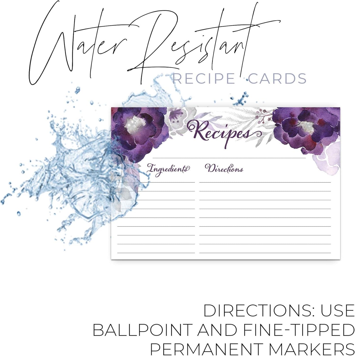 Floral Recipe Cards from Dashleigh, 48 Double-Sided Water-Resistant Cards, 4x6 inches (Violet Purple)