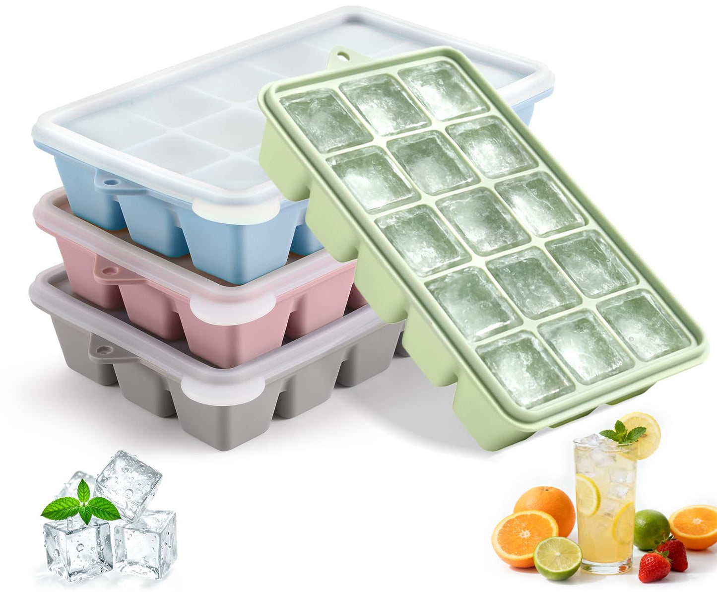 Silicone Ice Cube Trays with Lid, Set of 4, Easy Release Ice Molds, Reusable and Stackable Ice Trays for Freezer for Cocktail, Whiskey, Baby Food, BPA Free (multicolour)