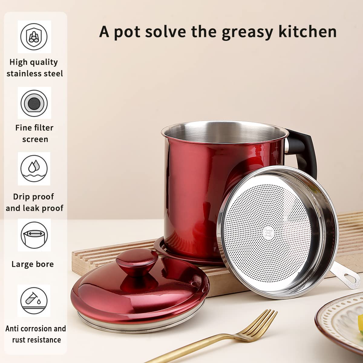 Kyraton Bacon Grease Container With Strainer, 48 oz Metal Shining Red Stainless Steel Oil Container, Pot Fat Storage With Lid, Easy Grip Handle Suitable For Storing Frying Oil And Cooking Grease