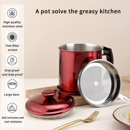 Kyraton Bacon Grease Container With Strainer, 48 oz Metal Shining Red Stainless Steel Oil Container, Pot Fat Storage With Lid, Easy Grip Handle Suitable For Storing Frying Oil And Cooking Grease