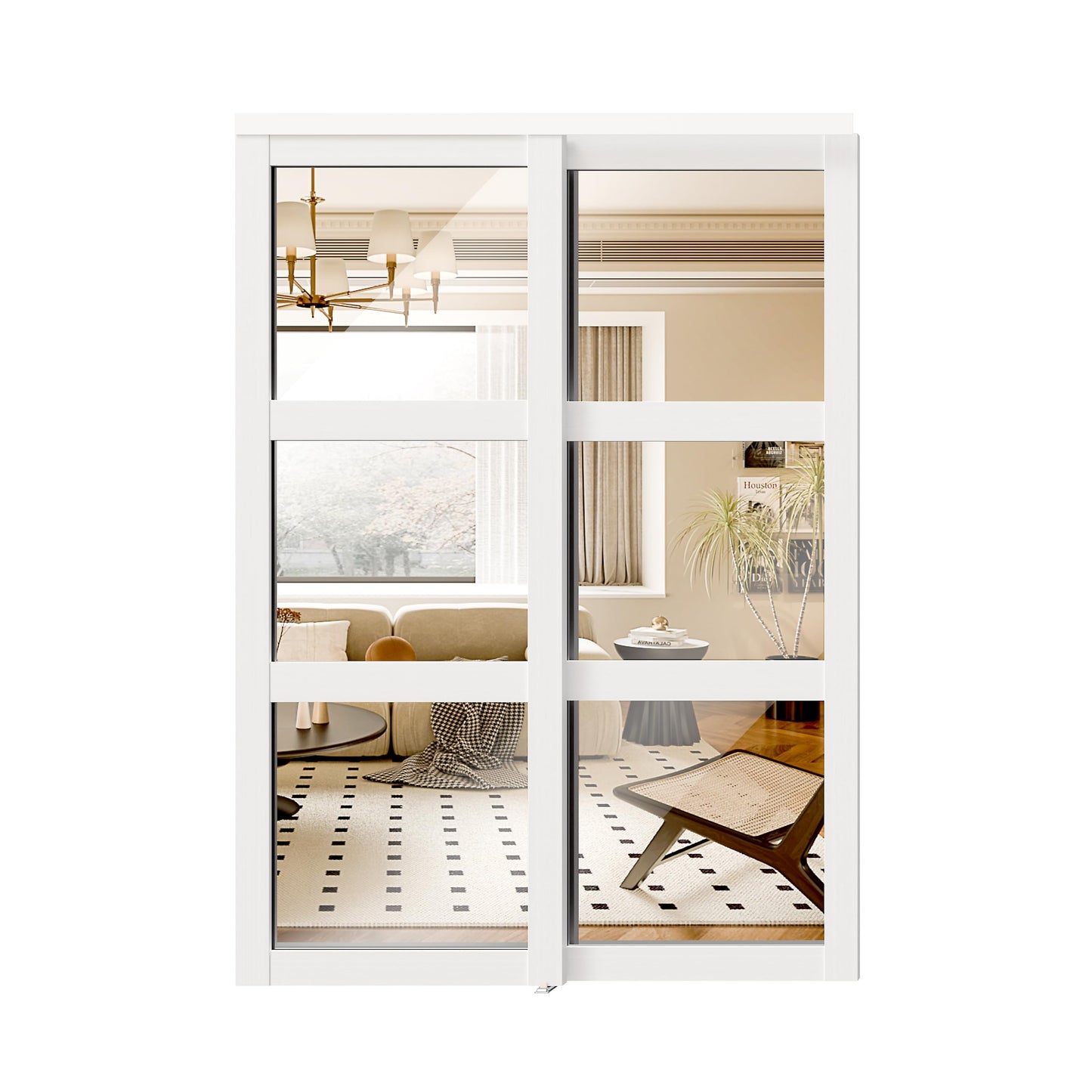 SOLRIG Mirror Closet Doors, Sliding Closet Doors for 60in (30.98in x 2) x 80in Openings, 3-Lite Mirror Design, Includes Hardware Track Kit and Floor Guide, Pre-Drilled for Easy Assembly, MDF, White