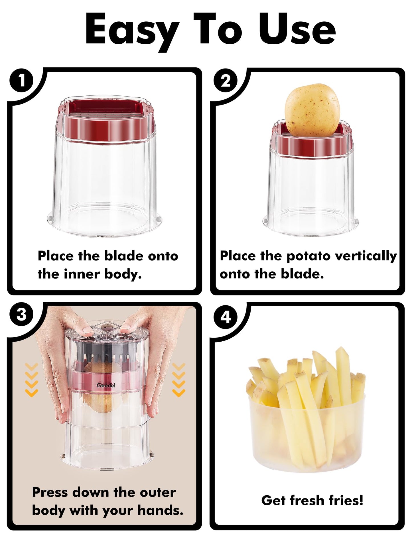 French Fry Cutter, Professional Home Style Onion Chopper, Vegetable Chopper Dicer Manual, Easy to Clean, Ultra Sharp Blades Thick-Strip Fry Cutter Apple Slicer and Corer, 3 Blades