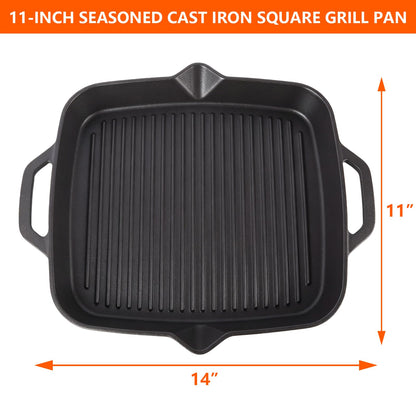 11" Cast Iron Square Grill Pan, Pre-Seasoned Griddle with Handles, Heavy Duty Skillet Griddle Replacement Part for Stovetop, BBQ & Campfire, Indoor & Outdoor Cooking