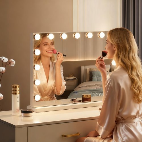 Amifiy Hollywood Vanity Mirror with Lights, 23"x18" Lighted Makeup Mirror with 10x Magnification for Desk/Wall Mount, 15 Led Bulbs, 3 Lighting Modes for College Dorm, Bedroom, Dressing Room (White)