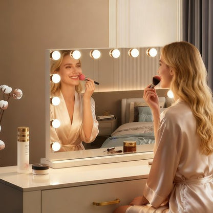 Amifiy Hollywood Vanity Mirror with Lights, 23"x18" Lighted Makeup Mirror with 10x Magnification for Desk/Wall Mount, 15 Led Bulbs, 3 Lighting Modes for College Dorm, Bedroom, Dressing Room (White)