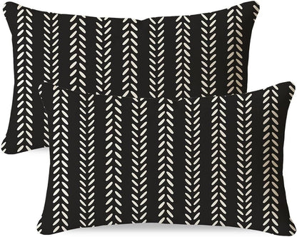 12x20 Set 2, PANDICORN Outdoor Lumbar Throw Pillow Covers of Black Geometric Chevron Herringbone Striped Pattern
