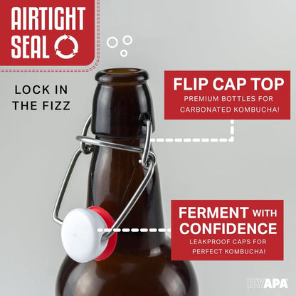 Ilyapa 16 Ounce Amber Swing Top Glass Bottles - 12 Pack Flip Top with Airtight Lid, for Home Brewing - Kombucha, Soda, Coquito, Kefir, Juice
