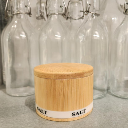 Salt Box Bamboo Salt Container with Swivel Lid and Spoon, Small Spice Cellar with Magnetic Seal - 8 oz Capacity