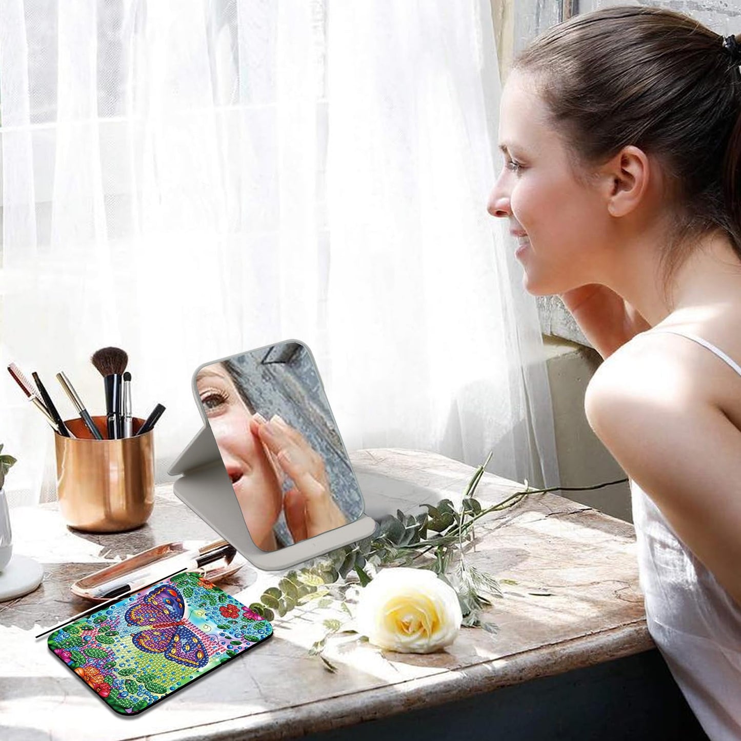 LazyFold Diamond Painting Mirror Kits for Adults Beginners,Purple Butterfly DIY 5D Diamond Art Portable Folding Mirror Kit,Festival Christmas Birthday Art Crafts Home Wall Table Decor Gifts