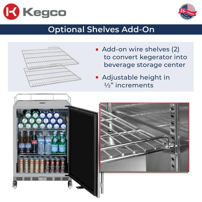 Kegco 24" Wide Outdoor Build-In Dual Tap Stainless Steel Left Hinge Kegerator with Dispense Kit