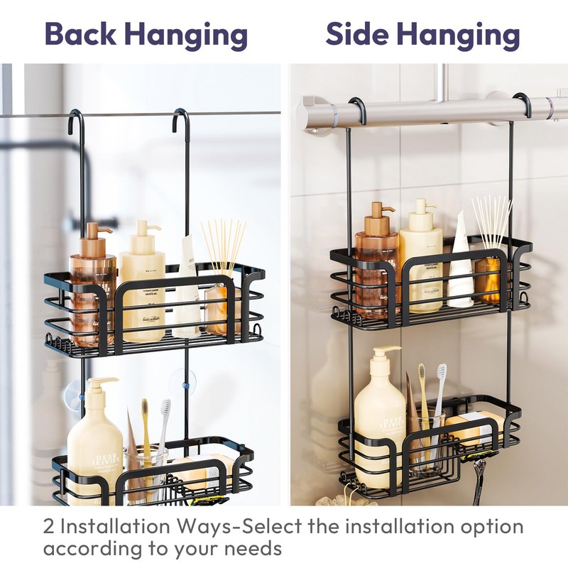 SWTYMIKI Shower Caddy Hanging Organizer - Over the Door Shower Caddy with Soap Holder, 11 Hooks, 2 Installation Ways, Stainless Steel Rustproof Bathroom Organizer, Black