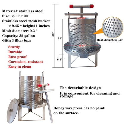 HCTOOL Honey Press Extractor Wax Machine Stainless Steel Honey Press Beeswax Machine Manual Large Bee Honey Presser Fruit Wine Press For Honey Wine Juice Vegetables Olive Oil Making
