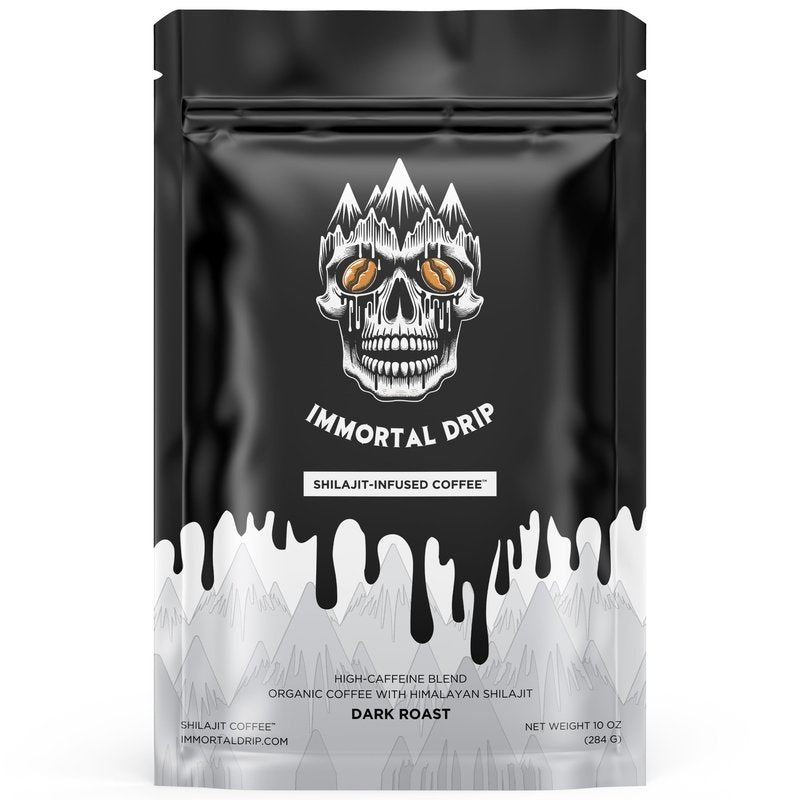 Shilajit Coffee - Immortal Drip, Organic Dark Roast Ground Coffee, Himalayan Shilajit-Infused, High-Caffeine, Vitamins - Fulvic Acid & 85+ Minerals