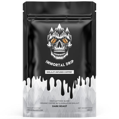 Shilajit Coffee - Immortal Drip, Organic Dark Roast Ground Coffee, Himalayan Shilajit-Infused, High-Caffeine, Vitamins - Fulvic Acid & 85+ Minerals
