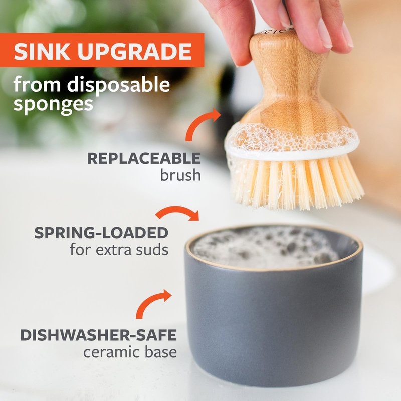 Full Circle Bubble Up Bamboo Dish Brush & Ceramic Soap Dispenser – Family Safe, Formaldehyde-Free – Kitchen Scrub Brush for Dishes, Nonstick & Cast Iron, Gray