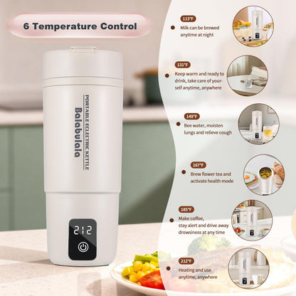 Travel Electric Kettle, Balabulala Portable Water Boiler with 6 Variable Presets,Small Electric Kettle with Keep Warm Temperature Controls & Boil Dry Protection, 17oz,Whitie