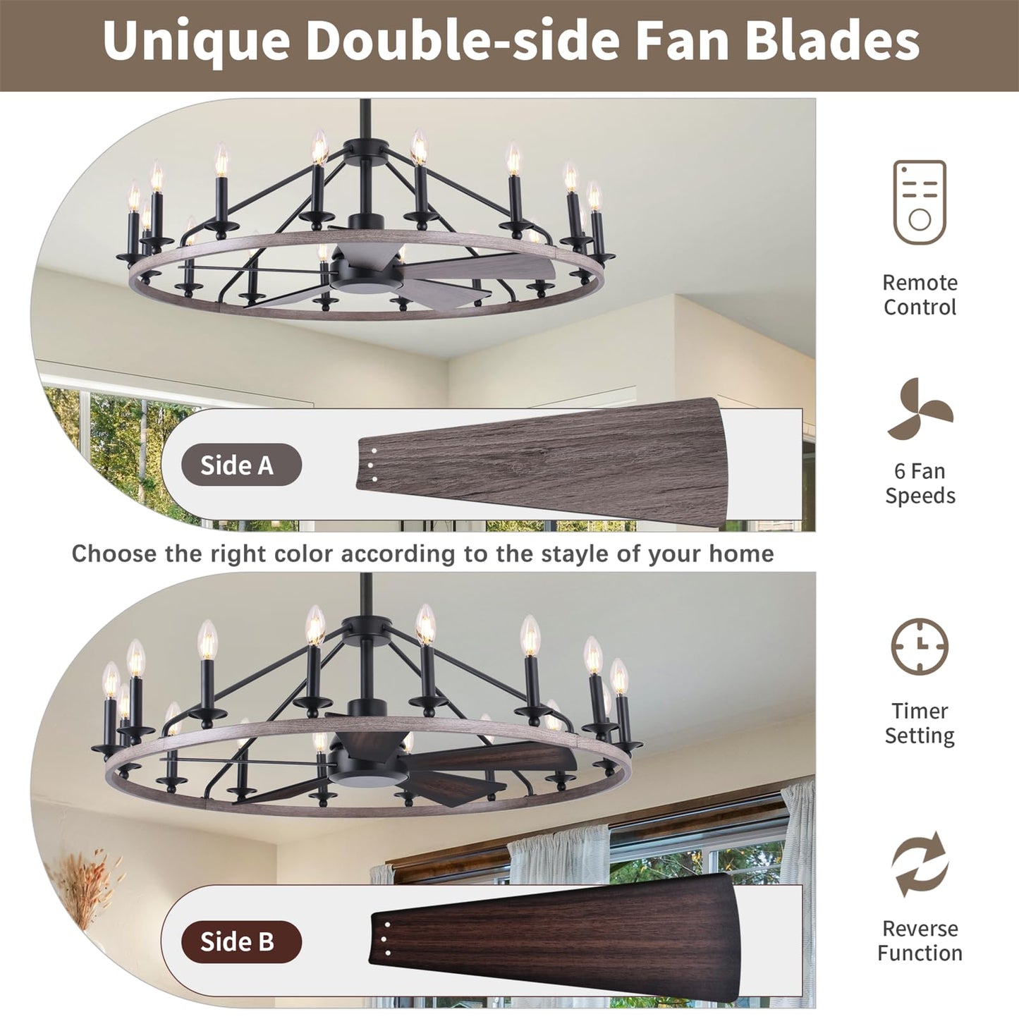 44" Wagon Wheel Chandelier with Fans, Wagon Wheel Ceiling Fan with 16-Lights and Remote, Farmhouse Chandelier for Living Room Dining Room, Adjustable Height, 6-Speed Reversible Quiet Large Fandelier