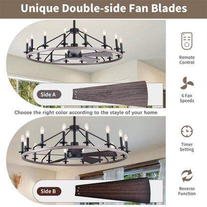 44" Wagon Wheel Chandelier with Fans, Wagon Wheel Ceiling Fan with 16-Lights and Remote, Farmhouse Chandelier for Living Room Dining Room, Adjustable Height, 6-Speed Reversible Quiet Large Fandelier