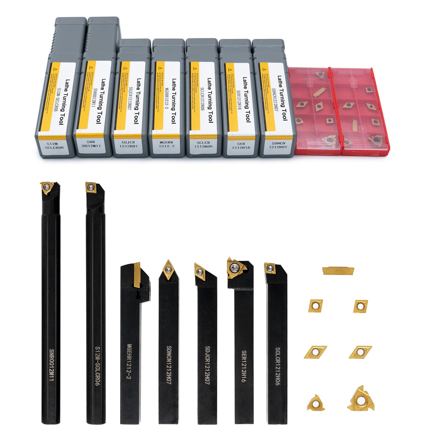 21 PCS Kit,Indexable Lathe Turning Tool,1/2" 12mm Shank,7Pcs Metal Lathe Cutting Holder with 14Pcs Carbide Turning Inserts,Carbide Lathe Turning Tools for Turning Grooving Threading Boring