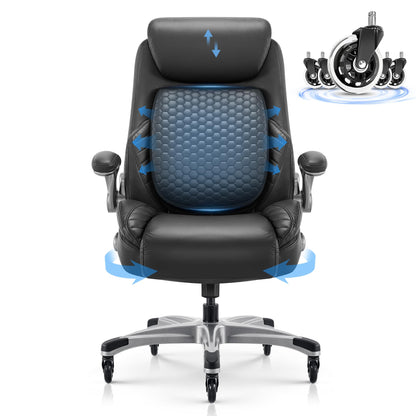COLAMY Office Ergonomic Desk High Back Executive Chair with Pop-Out Lumbar Support, Upgraded Casters, Adjustable Headrest, Flip-Up Arms, Leather Home with Thick Cushion for Comfort - Black